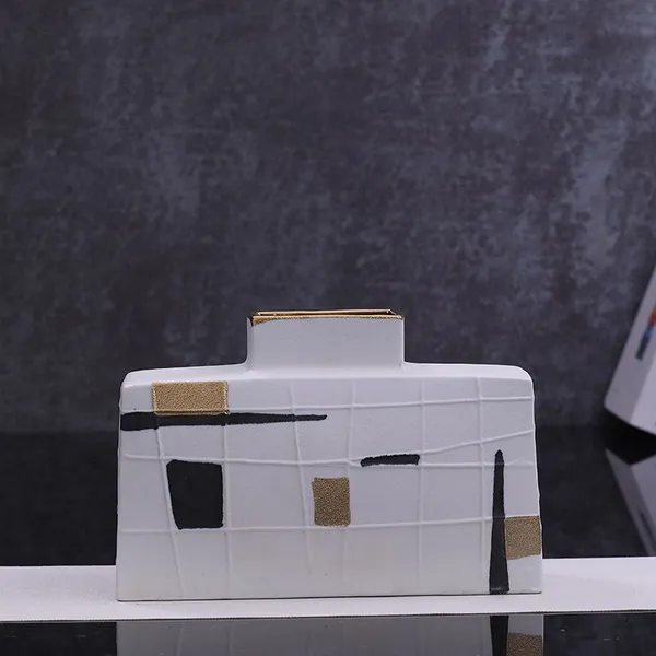 Geometric Pattern Gild Creative Unique White Square Flat Ceramic Flower Vase For Living Room photo-2