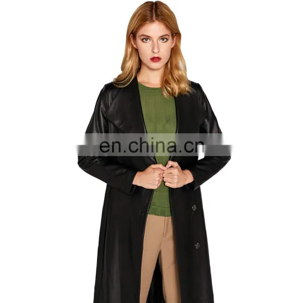Women Long Body Lambskin Black Full Body Trench Leather Coat photo-4