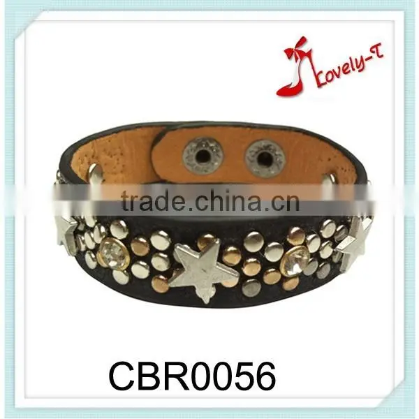 Fresh Arrival Cool Wide Round Punk Wraps Riveted Leather Crystal Bracelets With Shining Crystal,leather Wrap Bracelet photo-2