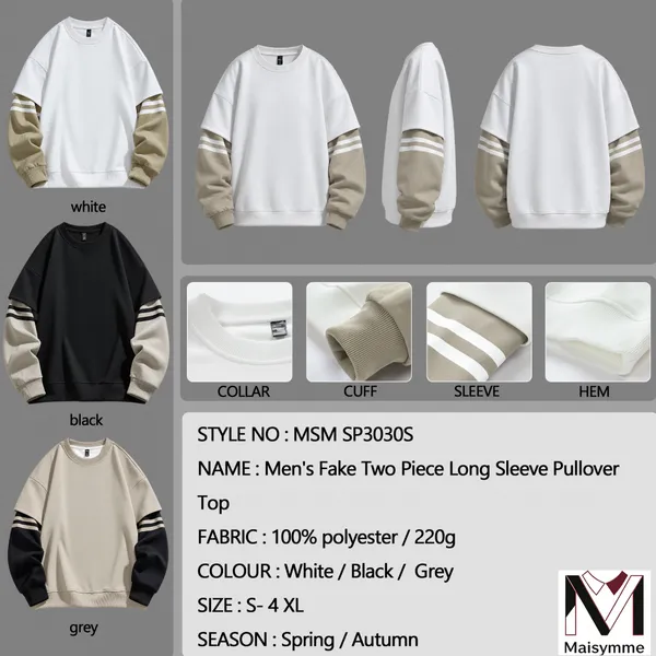 Wholesale Men's Fake Two Piece Long Sleeve Pullover Top 220g 100% Polyester Spring Autumn Casual Sweatshirt