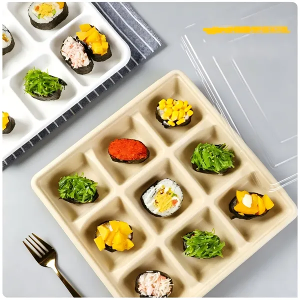 Sugarcane Bagasse Molded Pulp Square Divided Tray 2-9 Compartments With Optional Lid