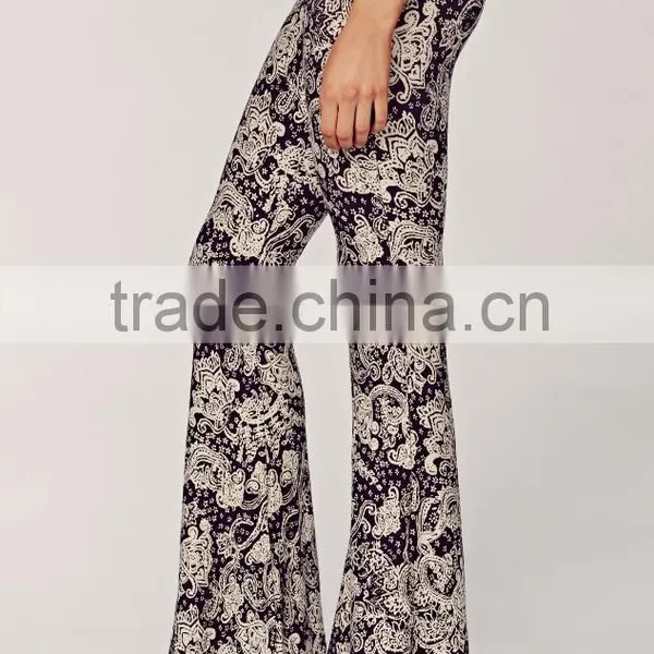 Ladies Casual Rayon Spandex Boho Paisley Print Bell Bottom Pants for Women photo-3