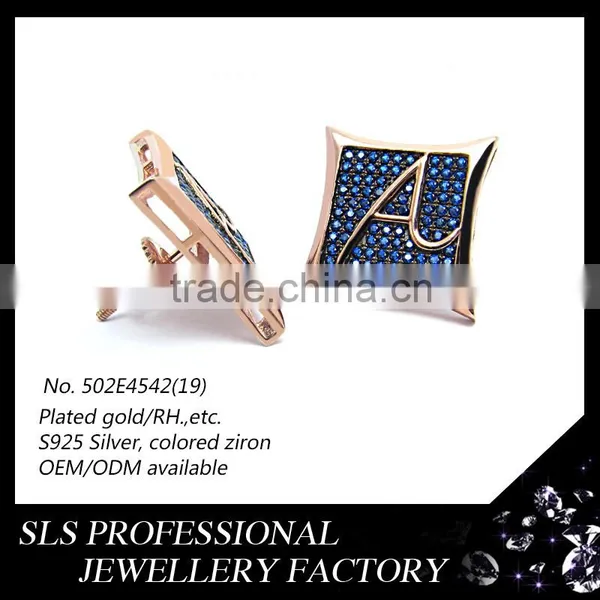 2015 American Style Funky Colorful Zircon Micro Pave 925 Silver Rose Gold Plated LETTER A Screw Back Stud Earrings photo-3