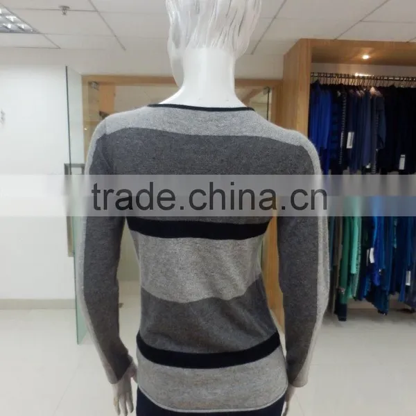 Lady's Fashion Europe Sytle Dark Grey/middle Grey and Back Striped Knitting Pullover Sweater photo-2