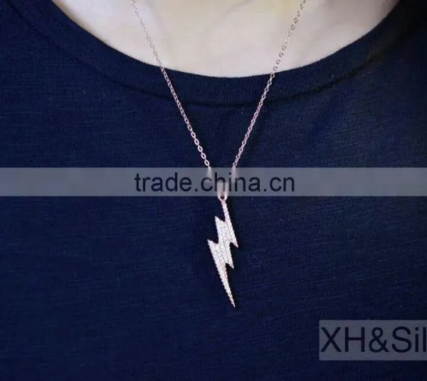 Rose Plated 16inch 925 Silver Jewelry CZ Lightning Pendant Necklace