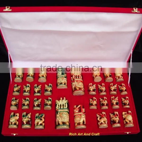 Hand Crafted Hand Painted Artisan India Art & Craft Fine Carvin Wooden Chess Set photo-6