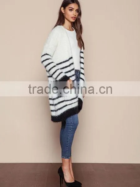 MGOO 2016 New Arrival Fuzzy White Striped Cardigan Women Knit Tops Cashmere Sweaters Women Clothing photo-4