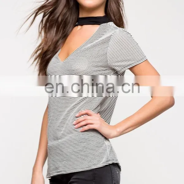 Custom Wholesale V-neck and Back Cotton Striped t Shirt for Women photo-6
