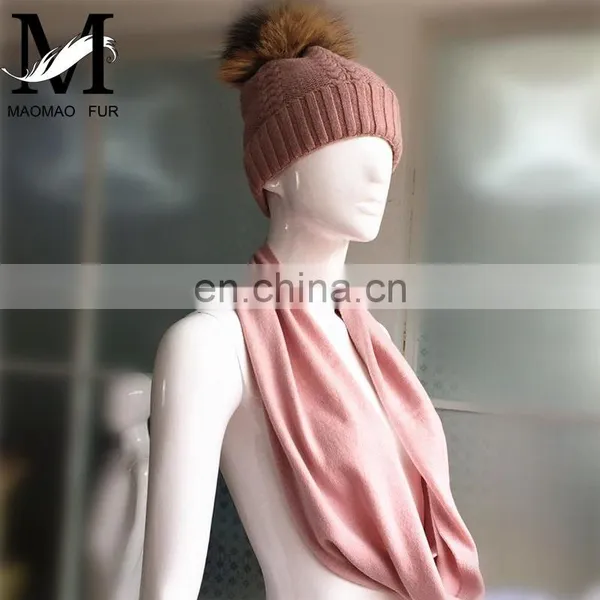 Wool Flat Knitting Beanie Pompom Hat Fashionable Lady Scarves One Piece Hat and Scarf photo-5