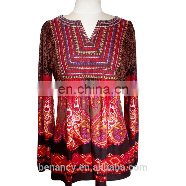 Stock Exotic Embroidery Long Sleeve Blouse Ethnic Paisley Printed Women Top photo-6