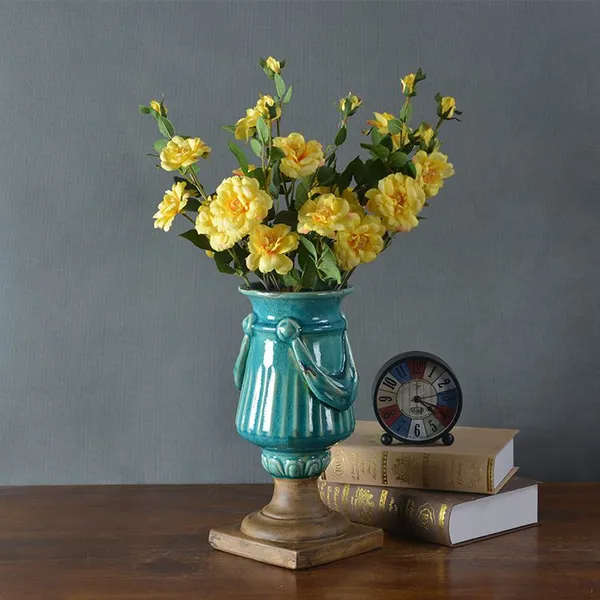 Retro European Countryside Hand Made Tall Blue Green Ceramic Flower Vase For Living Room photo-3