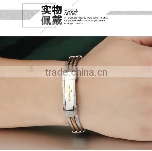Wholesale Titanium Steel Man Bangles Three Rows Between Steel Wire Armoured Gold Bracelet With Cross photo-6