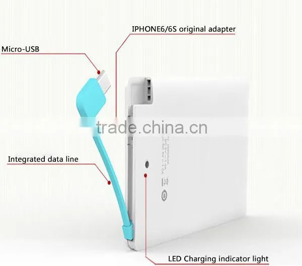Mini Portable Power Bank, Ultra Thin Series Comes With Cable Card Type Power Bank,2600mAH