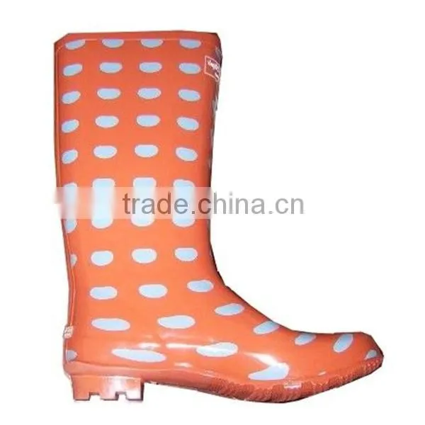 Fancy Orange Dot Print Rubber Boots Women,high Quality Durable Gum Boots Girl,OEM Cheap Rain Boots