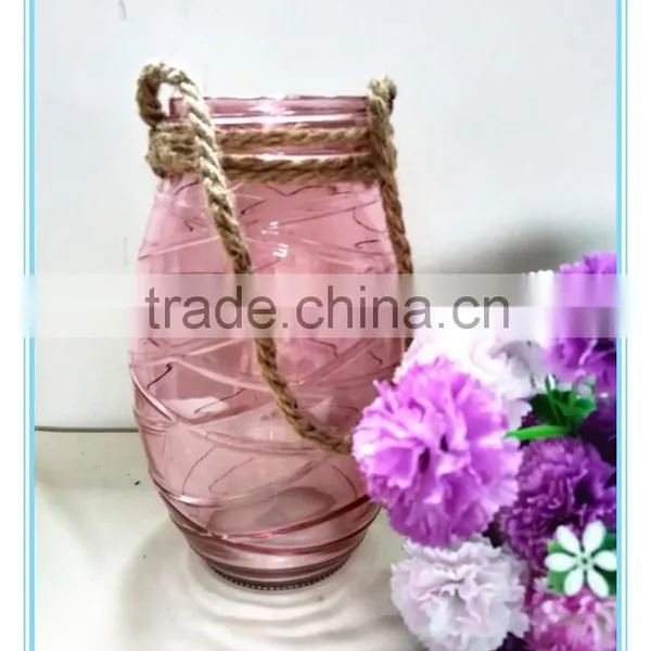 2016 Fulaishan Hot Sale Lcolor Flower Vase/glass Candle Holder With Rope Handle