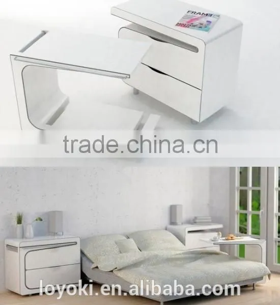 2016 New Design Mdf Wood Bed Side Table With Glossy Finised Set of 2 With Over Bed Table With Wheels