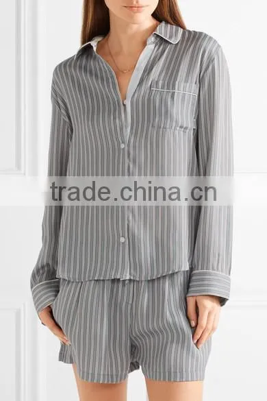 Pajamas Women Summer Long Sleeve Wholesale Custom Made in China Striped Satin Pajama Set photo-2