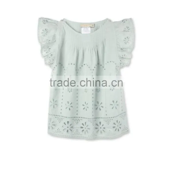 Latest Fancy Pretty Broderie Anglaise Blue Cotton Girls Top With Frilled Sleeves Kids Childerens Boutique Clothing HSd5108 photo-2