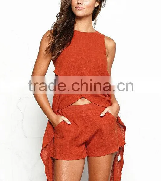 Cotton & Linen Fashionable High Low Crop Tops And Shorts Women Two Piece Sets photo-2