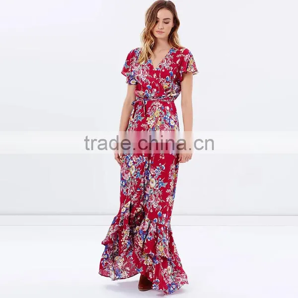 Bambi Bloom Floral Printed Short Sleeve Ruffled Maxi Wrap Dresses photo-5