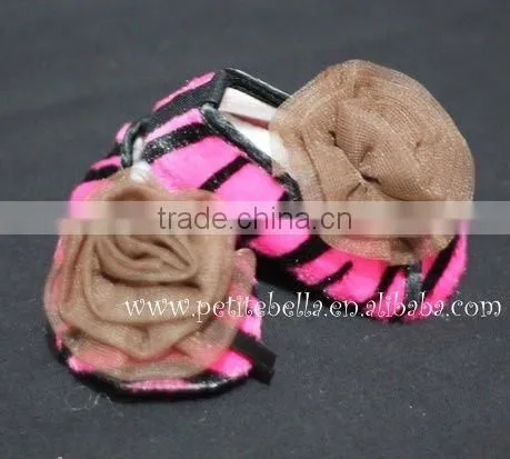 Hot Pink Zebra Print Shoes With Coffee Brown Rosettes Pettishoes Crib Shoes MAS29