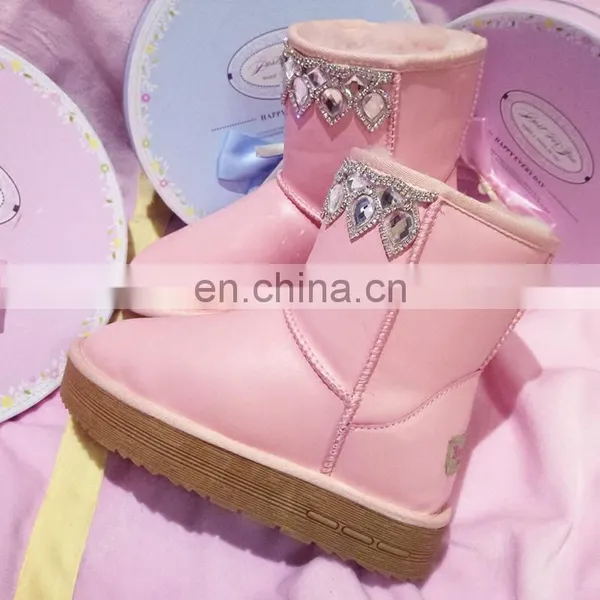 Aidocrystal Fashion Rhinestone Winter Shoes Lovely Pink Ankle Flat Boots for Girls photo-5