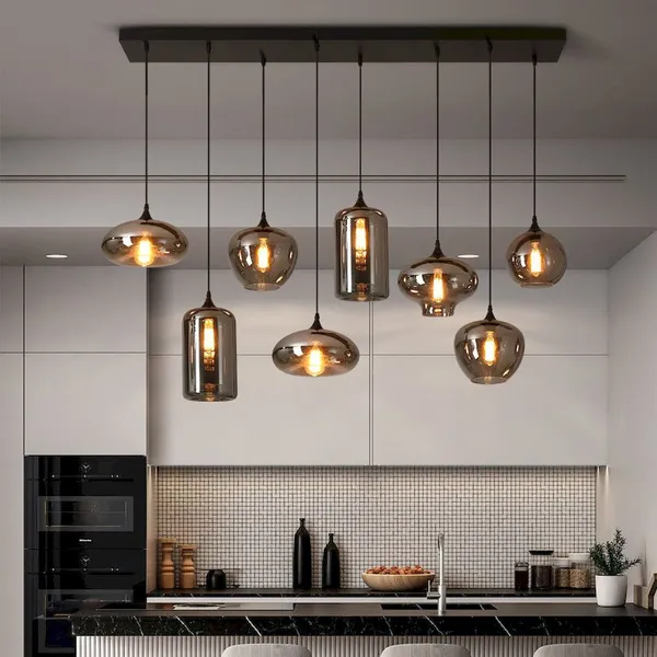 Smoke Glass Multi-Head Linear Pendant – Mixed Shades, E27