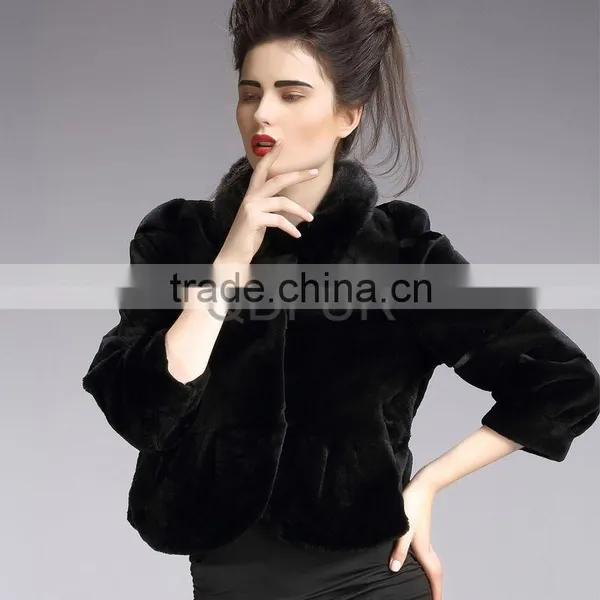 QD29217 Women Fashion Style Top Rabbit Fur Jacket With Mink Fur Collar