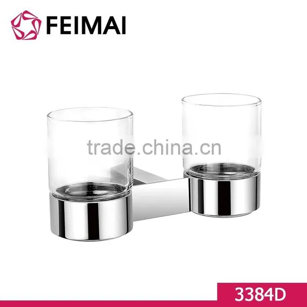 Hotel Bathroom Design Brass Chrome Plated Double Tooth Brush Glass Holder