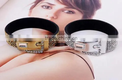 Trendy Women's Crystal Buckle Bracelet Leather/ photo-4