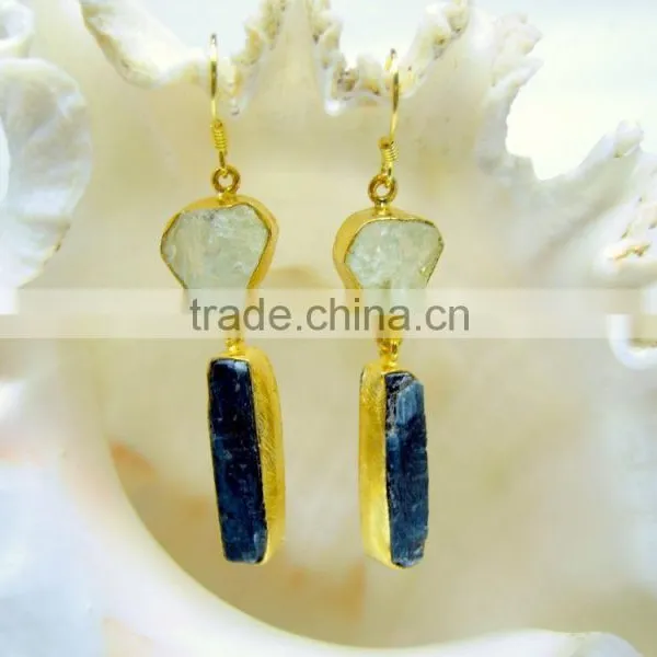 Aquamarine & Kyanite Rough Natural Gemstone Earrings, 925 Solid Sterling Silver Earrings, Designer Vermeil Dangle Earrings photo-2