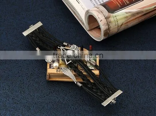 New Fashion Owl Deathly Hallows Angel Wing Leather Bracelet DIY photo-5