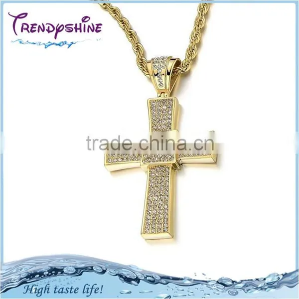 Fashion Gold Cross Stainless Steel Pave Fake Crystal Necklace