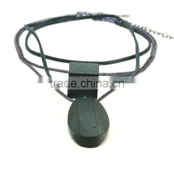 Multi Strand Geometric Wood Bead Pendant Necklace Long Wooden Beads Sweater Necklace Layered Suede Leather Chain Necklace photo-4