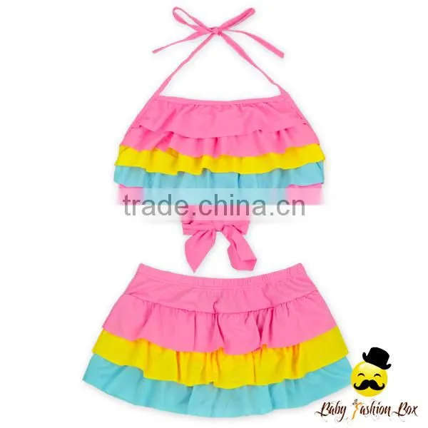 2017 Fitness Children Colorful Ruffle Halter Separable Rainbow Little Girl Swimwear 2pcs Suit Set photo-3