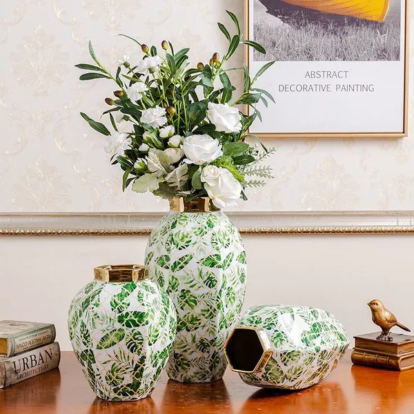 Fashion European Style Green Leaf Electroplate Gild Ceramic Flower Vase For Hallway Decor photo-3