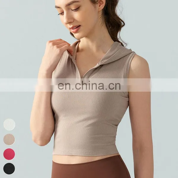 Wholesale Fitness Running Tank Top Hooded V Neck Slimming Fixed Pad Vest Sport Sleeveless Short T Shirt Ribbed Yoga Tops Women photo-2