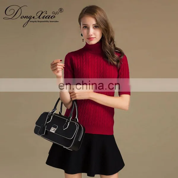 2024 Classic Cable Knit Women's Turtleneck Pullover Half Sleeves Cashmere Sweater Winter 100% Cashmere Solid Pattern Logo Back photo-2