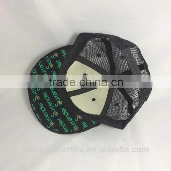 Custom Embroidery Black Knitted Crochet Printed Flat Underbrim Mesh Trucker Snapback Cap photo-3