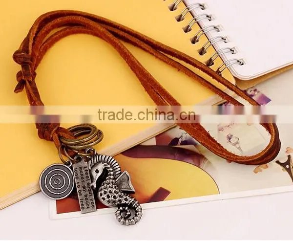 2016 New Design Vintage Hippocampus Leather Necklace Men Handmade Jewelry photo-2