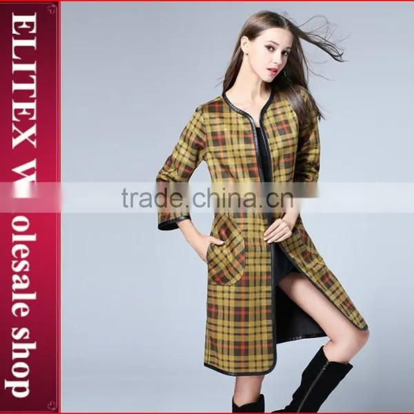 2015 European Design Yellow Plaid Wind Coat Ladyies Winter Dress