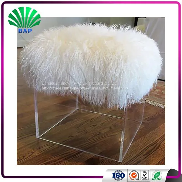 Popular Cheap Acrylic White Cover Stool White High Quality Fur Cover Stool Plexiglass Ottomans With Clear Legs photo-4
