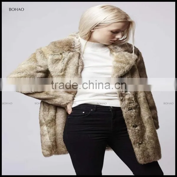 Brown Mid Length Faux Fur Coat With Oversized Collar Heavy Parka Jacket For Women photo-2