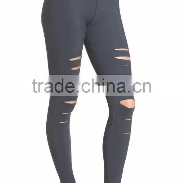 MGOO Custom Design Plain Distressed Yoga Pants Fitted Ripped Airbrush Women Leggings photo-4