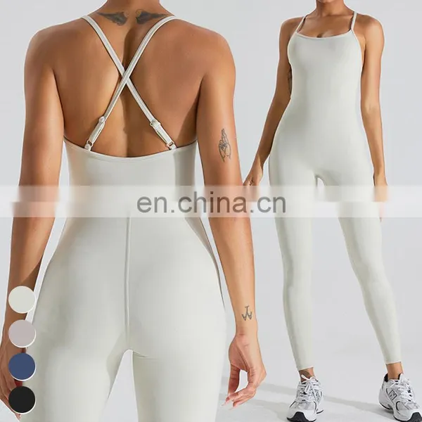 Cross Back Sleeveless Adjustable Straps Playsuits Custom Workout Bodysuit Gym Fitness Jumpsuits Women One Piece Yoga Jumpsuit photo-5