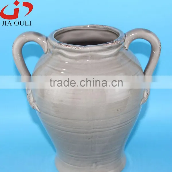 Antique Design Large Grey/Green Ceramic Garden Flower Vase With Handle photo-6