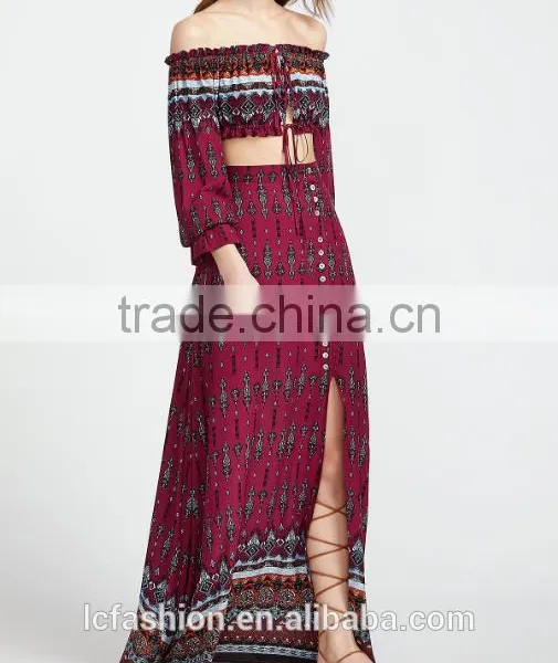 Picture of Long Skirts and Tops Vintage Print Drawstring Top With Split Skirt photo-4