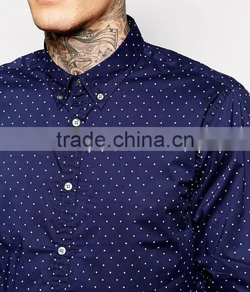 Guangzhou High Quality Custom Long Sleeve White Point All Over Printed Mens 100% Cotton Casual Fashion Navy Shirts photo-3