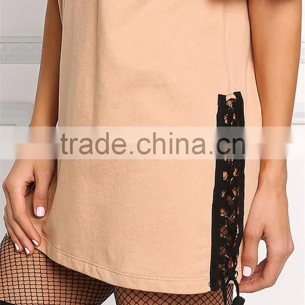 MGOO Fashion Custom Made 95% Cotton 5% Spandex 220g Nude V Cut Out Side Lace Up Shirts Tunic Tops photo-4