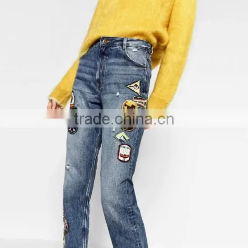 Women Jeans Different Size for Choice Girls Printed Washed Patchwork Blue Trousers photo-2